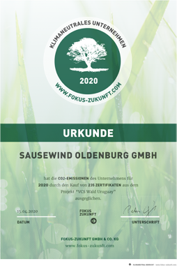 Fokus Zukunft Urkunde Sausewind 2020